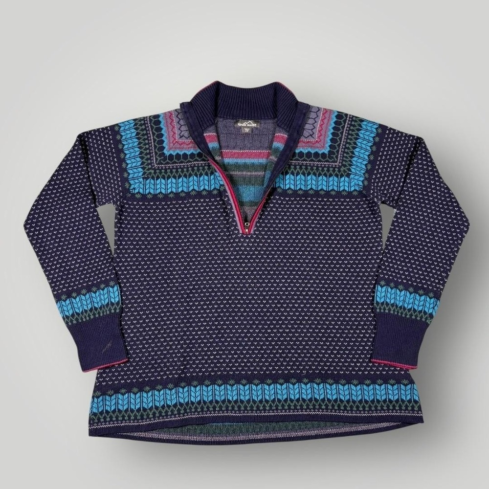 Eddie Bauer Sweater Tunic‎ Womens Large Blue Fair Isle 1/4 Zip Mock Neck Knit